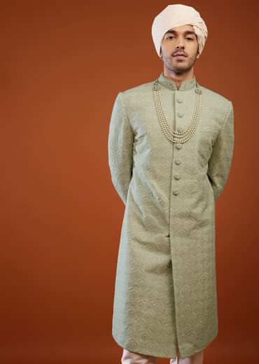 Pista Green Embroidered Sherwani Set In Tussar Silk