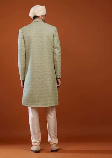 Pista Green Embroidered Sherwani Set In Tussar Silk