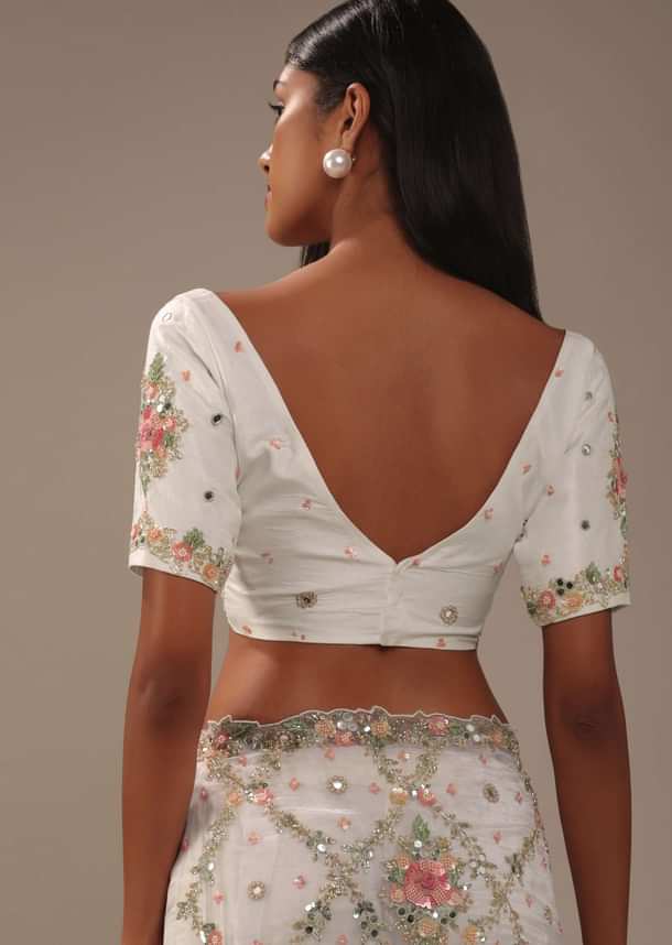 Milky White 3D Embroidered Tissue Silk Saree