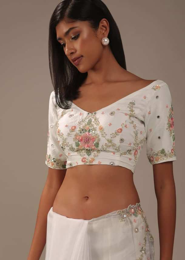 Milky White 3D Embroidered Tissue Silk Saree