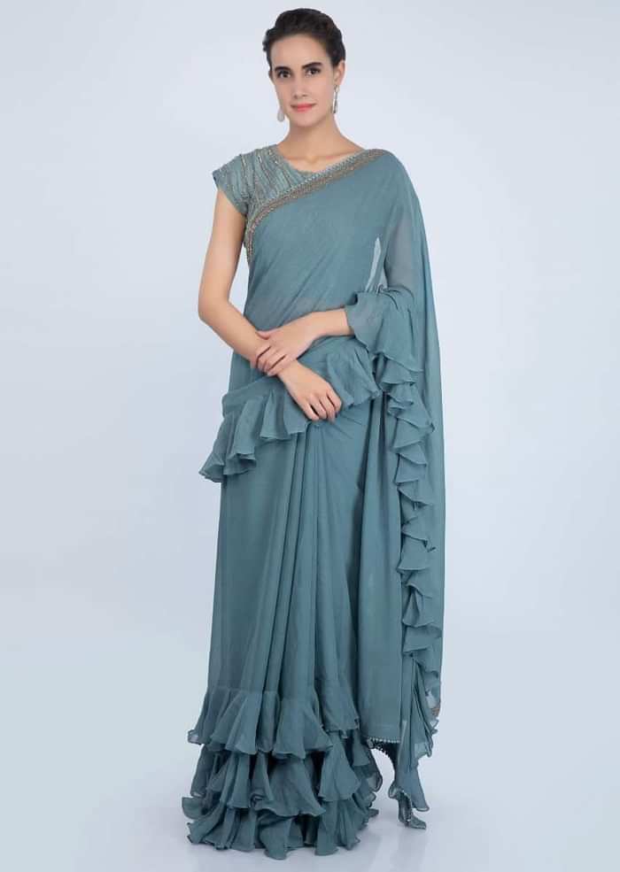 Mineral Alloy Grey Georgette Saree With Ruffles On The Hem And Pallu Online - Kalki Fashion