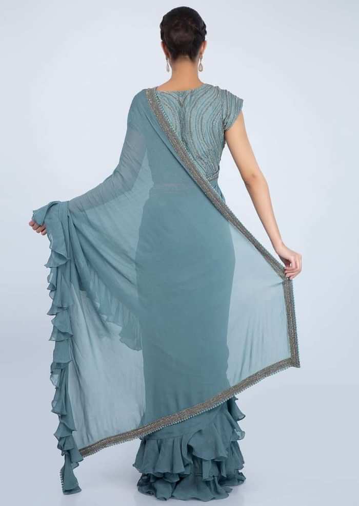 Mineral Alloy Grey Georgette Saree With Ruffles On The Hem And Pallu Online - Kalki Fashion
