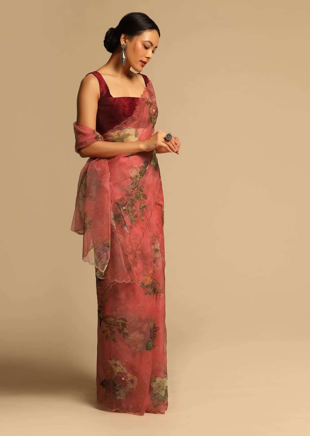 Mineral Red Saree In Organza With Floral Print All Over And Scalloped Resham Border Along With Unstitched Blouse