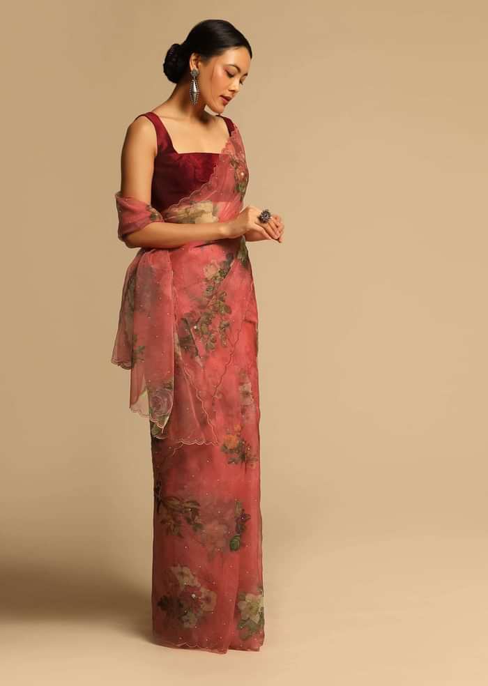 Mineral Red Saree In Organza With Floral Print All Over And Scalloped Resham Border Along With Unstitched Blouse