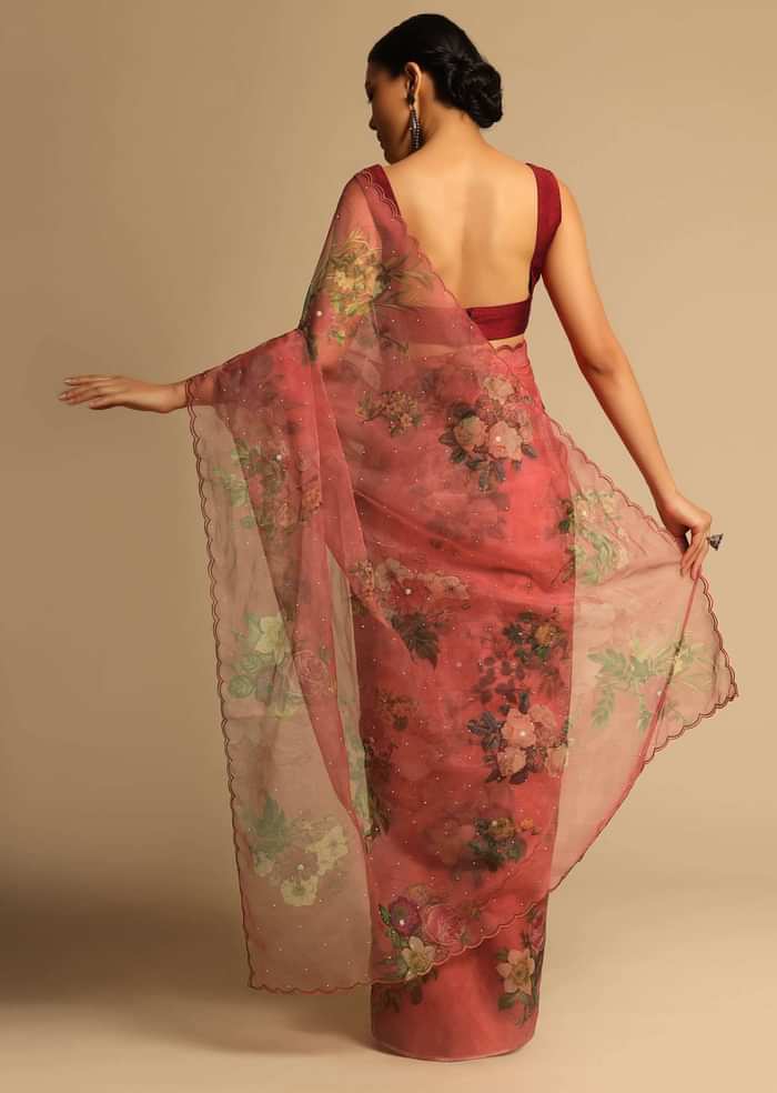 Mineral Red Saree In Organza With Floral Print All Over And Scalloped Resham Border Along With Unstitched Blouse