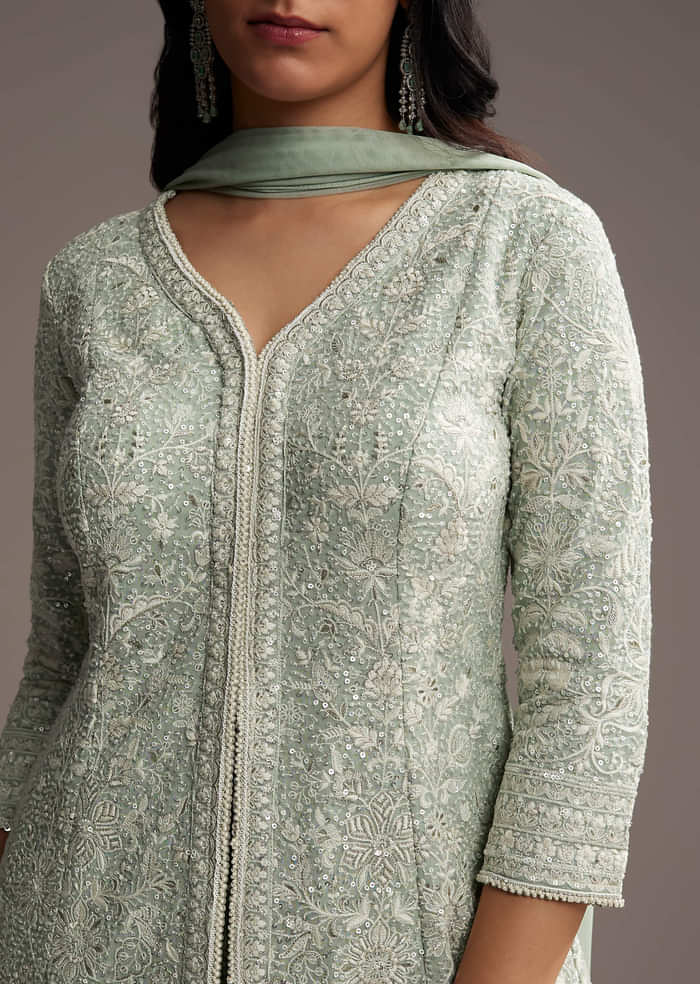 Mint Blue Georgette Palazzo Suit With Sequins And Resham Work