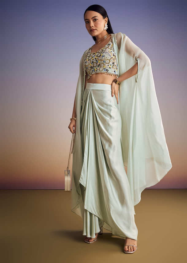 Mint Blue Organza Cape Set With Sequins And Thread Work