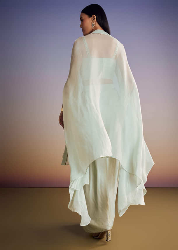 Mint Blue Organza Cape Set With Sequins And Thread Work