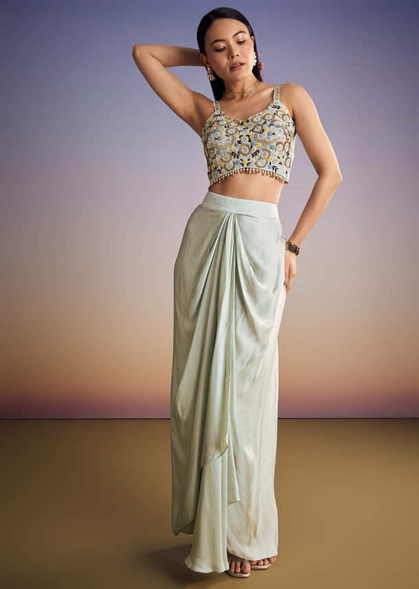 Mint Blue Organza Cape Set With Sequins And Thread Work