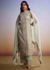 Mint Blue Organza Palazzo Suit With Zari And Moti Embroidery