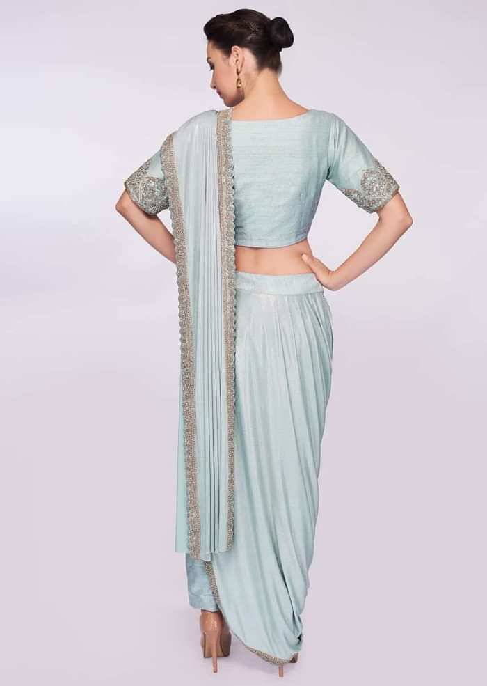 Mint blue saree with pant enhanced with a lycra top layer only on Kalki