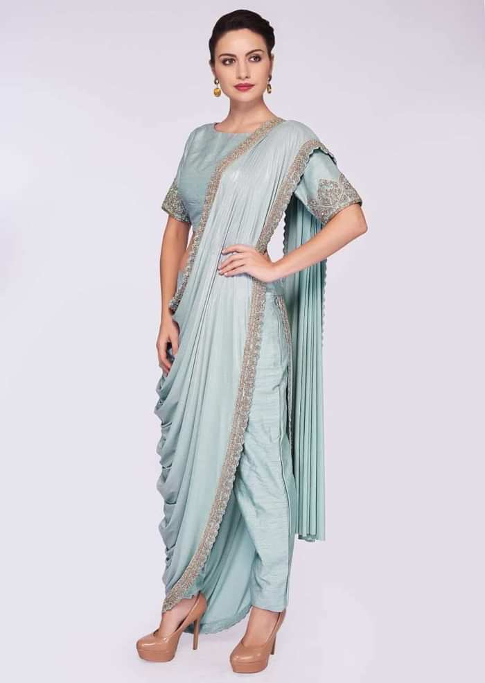 Mint blue saree with pant enhanced with a lycra top layer only on Kalki