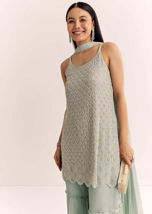Mint Green Chinon Kurta Set With Cutdana Moti And Choker Dupatta Mint Green Chinon Kurta Set With Cutdana Moti And Choker Dupatta