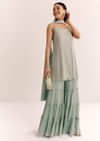 Mint Green Chinon Kurta Set With Cutdana Moti And Choker Dupatta
