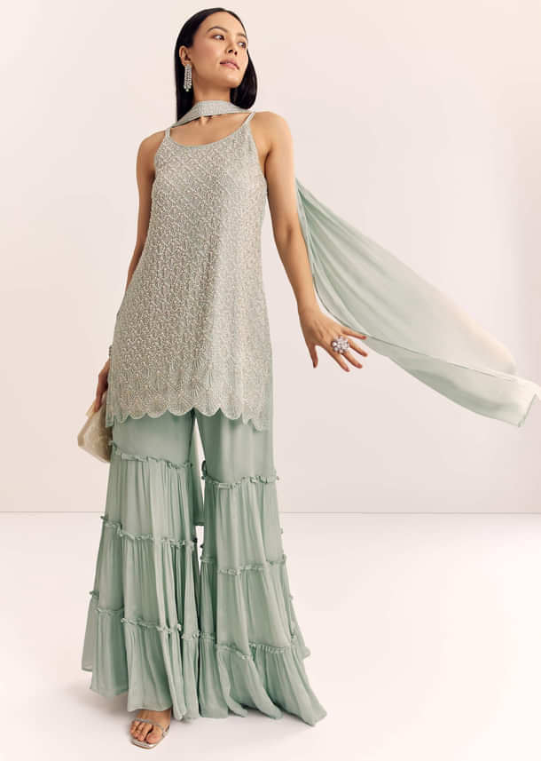 Mint Green Chinon Kurta Set With Cutdana Moti And Choker Dupatta Mint Green Chinon Kurta Set With Cutdana Moti And Choker Dupatta