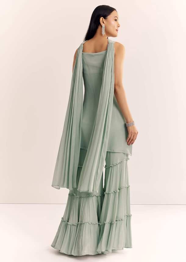 Mint Green Chinon Kurta Set With Cutdana Moti And Choker Dupatta Mint Green Chinon Kurta Set With Cutdana Moti And Choker Dupatta