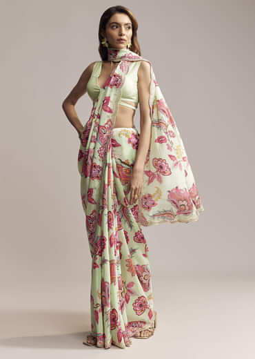 Mint Green Crepe Saree With Embroidered Scallop Border