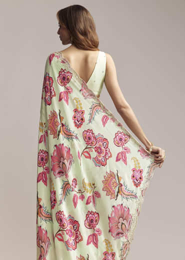 Mint Green Crepe Saree With Embroidered Scallop Border