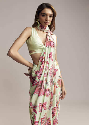 Mint Green Crepe Saree With Embroidered Scallop Border