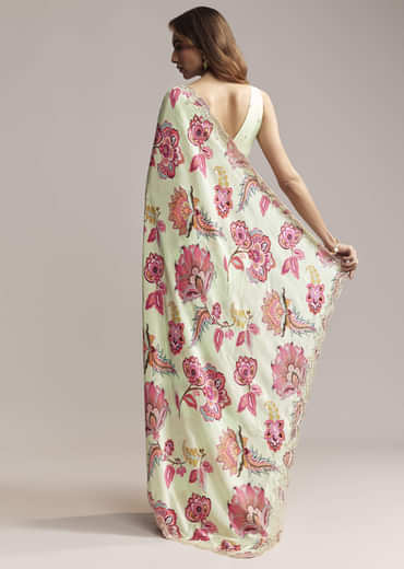 Mint Green Crepe Saree With Embroidered Scallop Border