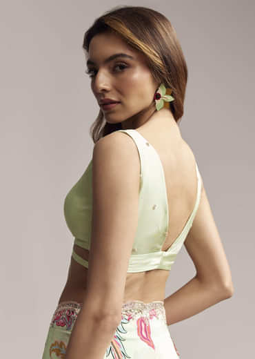 Mint Green Crepe Saree With Embroidered Scallop Border