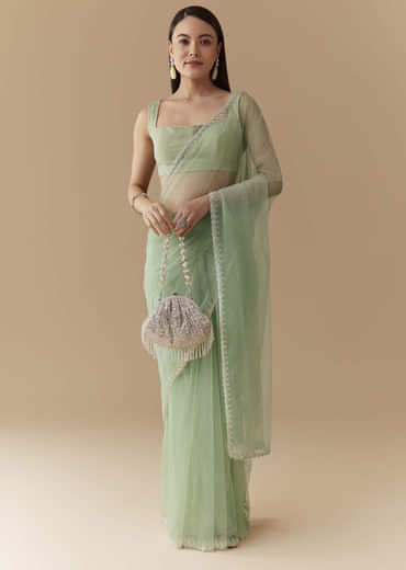 Mint Green Cutwork Embellished Saree with Unstitched Blouse