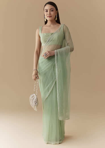 Mint Green Cutwork Embellished Saree with Unstitched Blouse