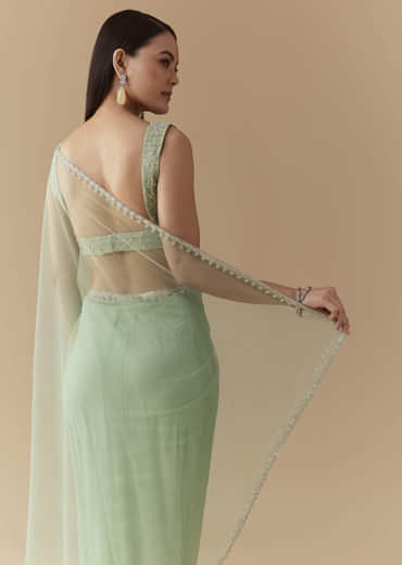 Mint Green Cutwork Embellished Saree with Unstitched Blouse