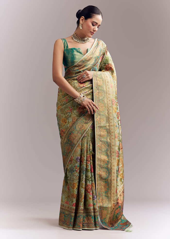 Mint Green Dola Silk Woven Saree With Embroidered Nature Motifs