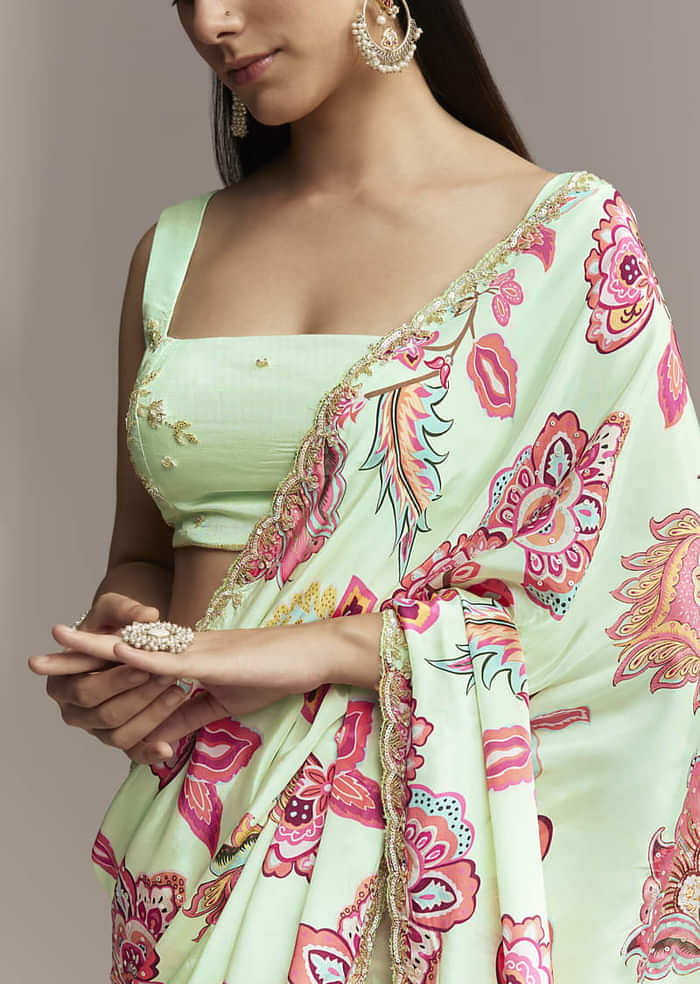 Mint Green Floral Crepe Saree With Scallop Border