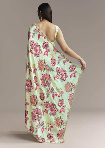 Mint Green Floral Crepe Saree With Scallop Border