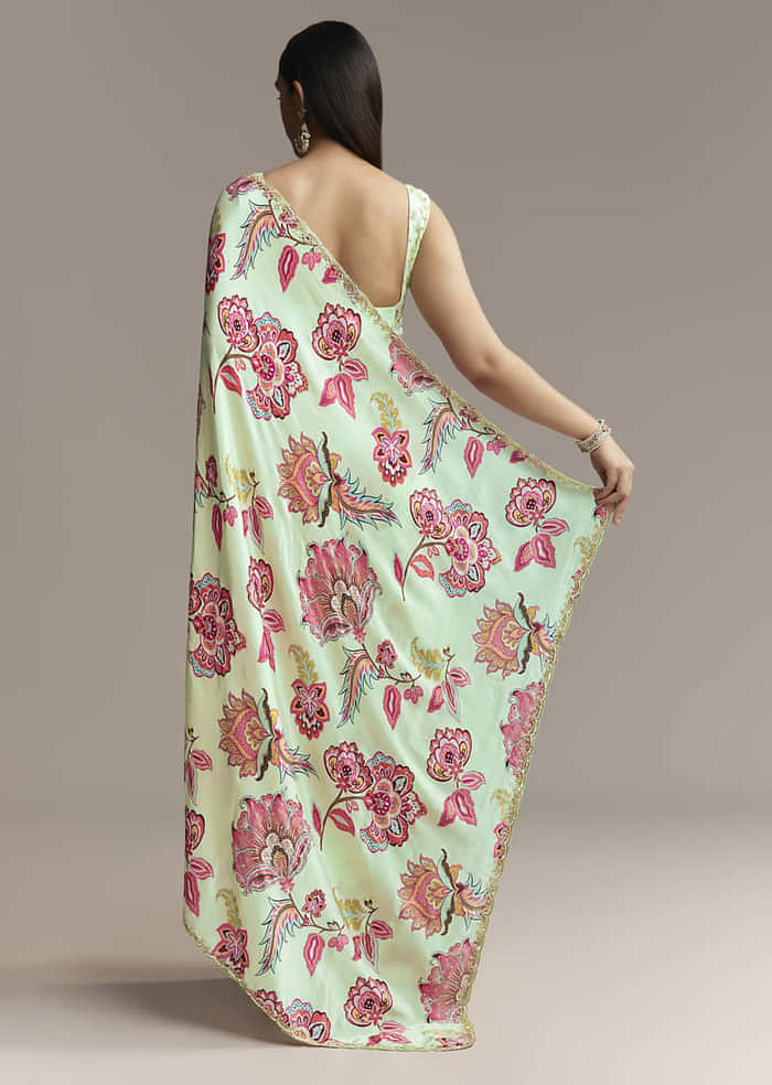 Mint Green Floral Crepe Saree With Scallop Border