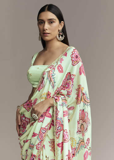 Mint Green Floral Crepe Saree With Scallop Border