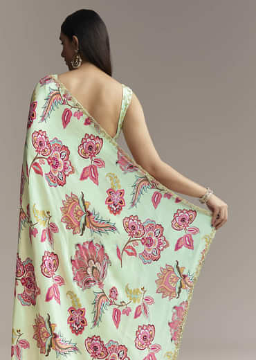 Mint Green Floral Crepe Saree With Scallop Border