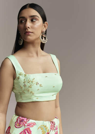 Mint Green Floral Crepe Saree With Scallop Border
