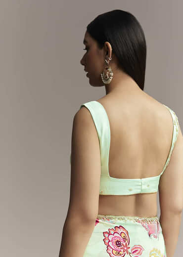 Mint Green Floral Crepe Saree With Scallop Border