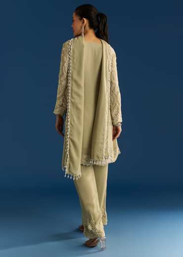 Mint Green Georgette Kurta Set With Beaded Tassel Dupatta