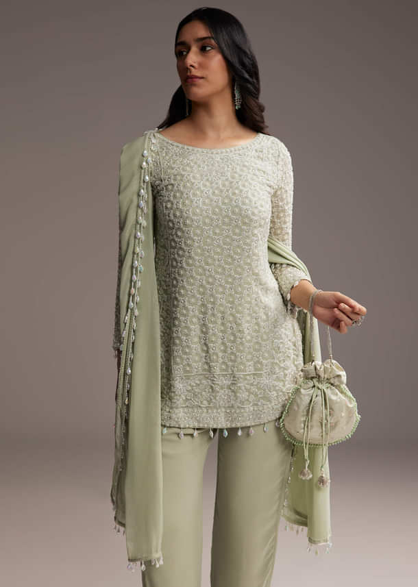 Mint Green Georgette Kurta Set With Beads Work Mint Green Georgette Kurta Set With Beads Work