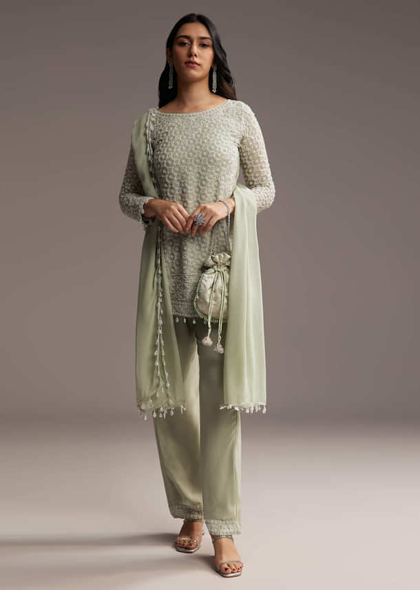 Mint Green Georgette Kurta Set With Beads Work Mint Green Georgette Kurta Set With Beads Work