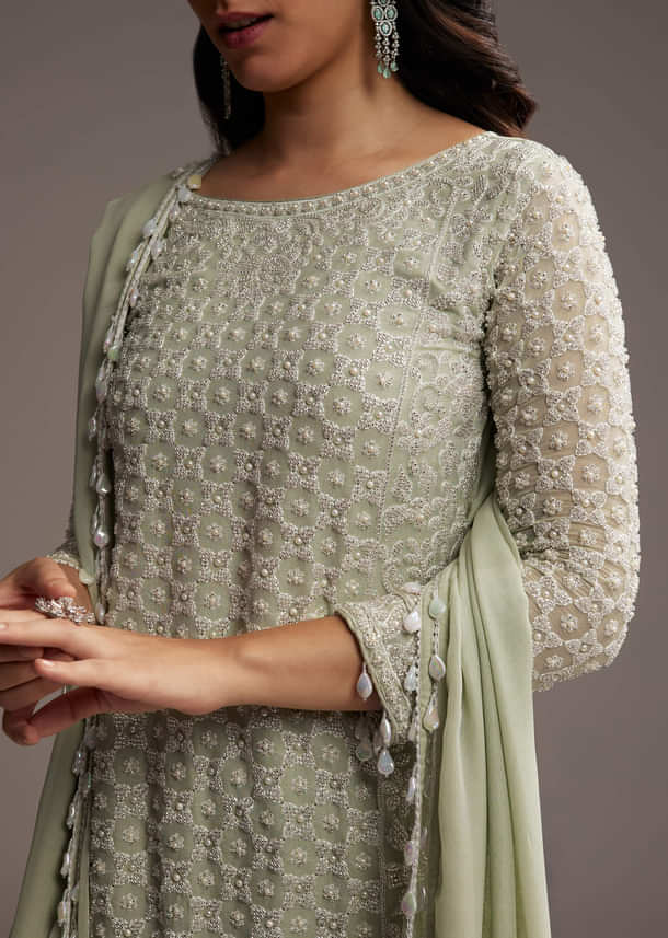 Mint Green Georgette Kurta Set With Beads Work Mint Green Georgette Kurta Set With Beads Work