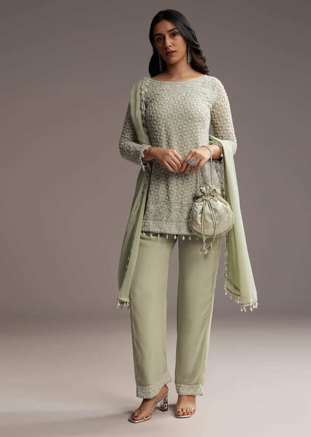 Mint Green Georgette Kurta Set With Beads Work Mint Green Georgette Kurta Set With Beads Work