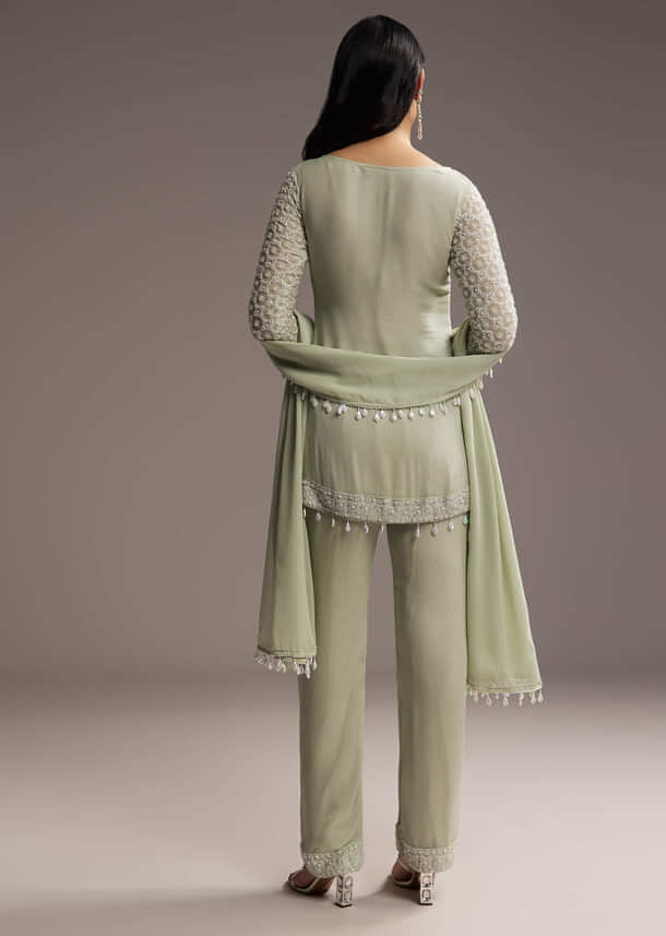 Mint Green Georgette Kurta Set With Beads Work Mint Green Georgette Kurta Set With Beads Work