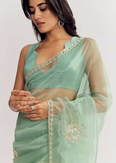 Mint Green Glass Tissue Saree With Cutdana And Sequins Embroidery