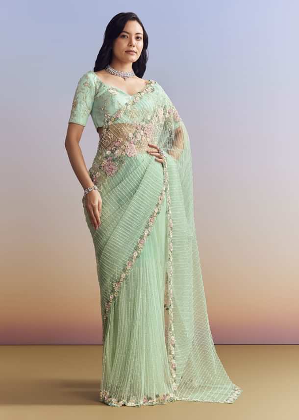 Mint Green Net Saree With Heavily Embroidered Border