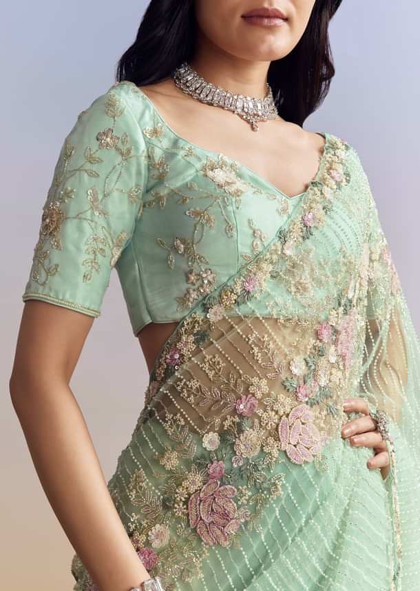 Mint Green Net Saree With Heavily Embroidered Border