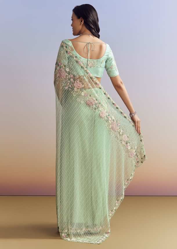 Mint Green Net Saree With Heavily Embroidered Border