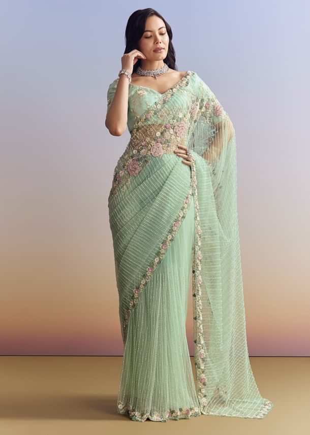 Mint Green Net Saree With Heavily Embroidered Border