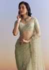 Mint Green Net Saree With Scallop Border And Heavy Embroidery