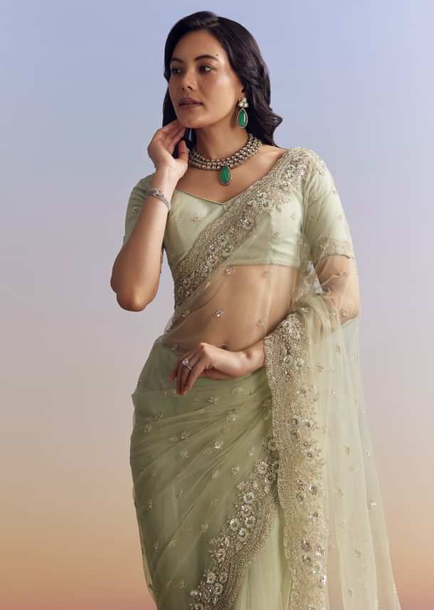 Mint Green Net Saree With Scallop Border And Heavy Embroidery