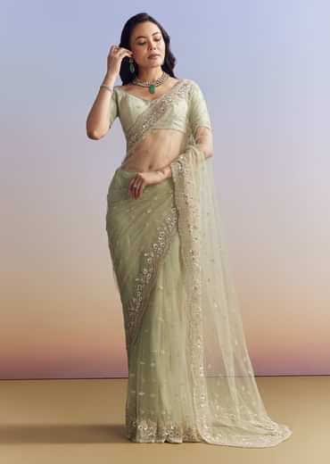 Mint Green Net Saree With Scallop Border And Heavy Embroidery